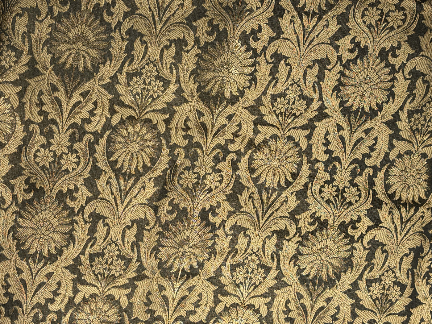 Silk Brocade fabric 44" antique gold jacquard motifs with vines available in 2 colors navy and black  BRO1054