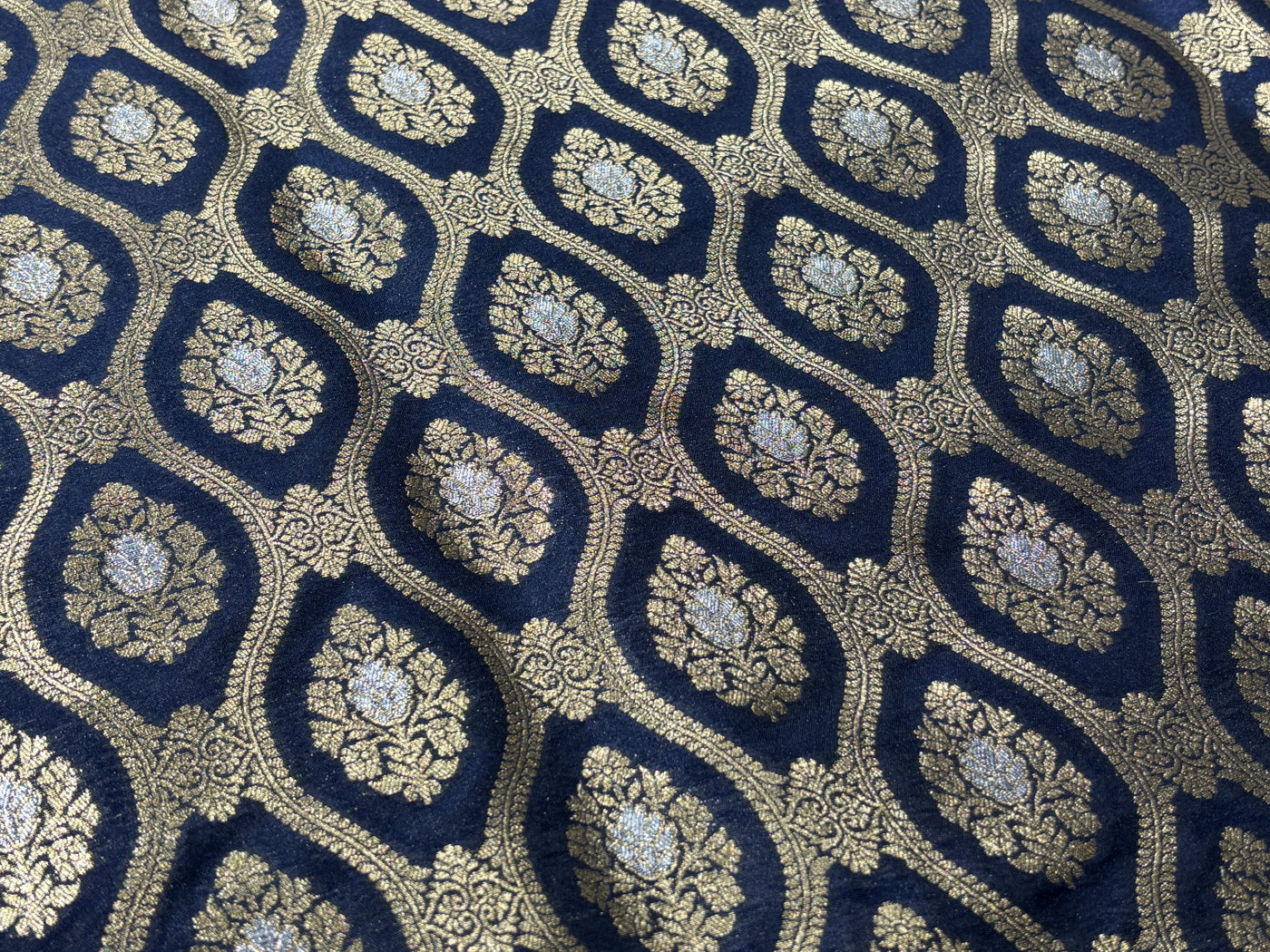 Silk Brocade fabric 44" dark navy with silver and gold metallic jacquard  motif BRO1055[1]