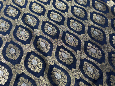 Silk Brocade fabric 44" dark navy with silver and gold metallic jacquard  motif BRO1055[1]