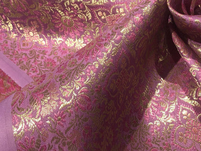 Silk Brocade fabric 44" pink and metallic gold floral jacquard available in 3 colors silver grey, green and pinkBRO1047
