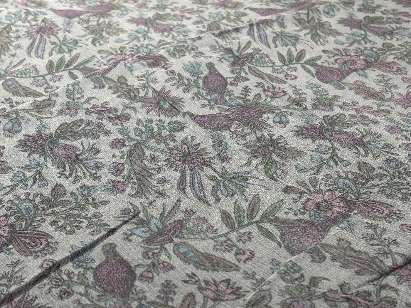 Silk chiffon  fabric iridescent  pink green and grey floral with bird  print  44" wide [17794]