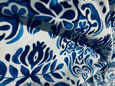 100% Cotton Poplin BLUE AND WHITE FLORAL PRINT 58" wide INFLUENCED BY CERAMIC [17116]