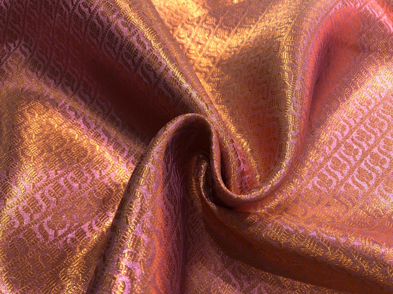 Silk Brocade pink Tissue Fabric with metallic copper  jacquard available in 2 designs floral and geometric with leaf motif BRO1020[1/2]