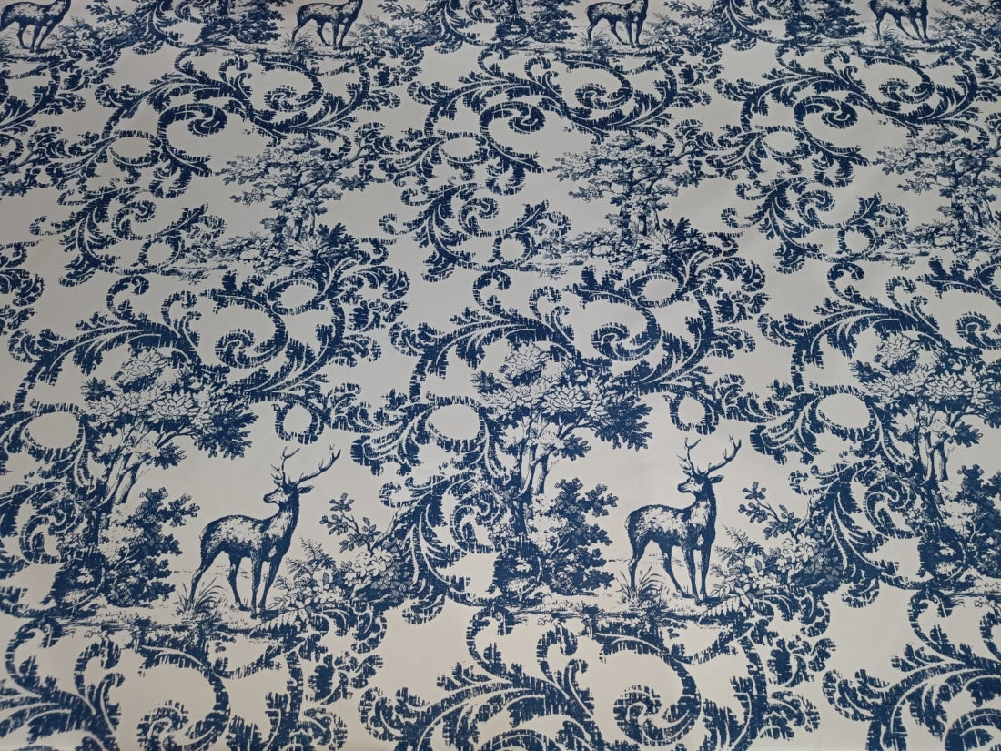 Heavy satin fabric white ivory color with teal blue print 58" wide [12949]