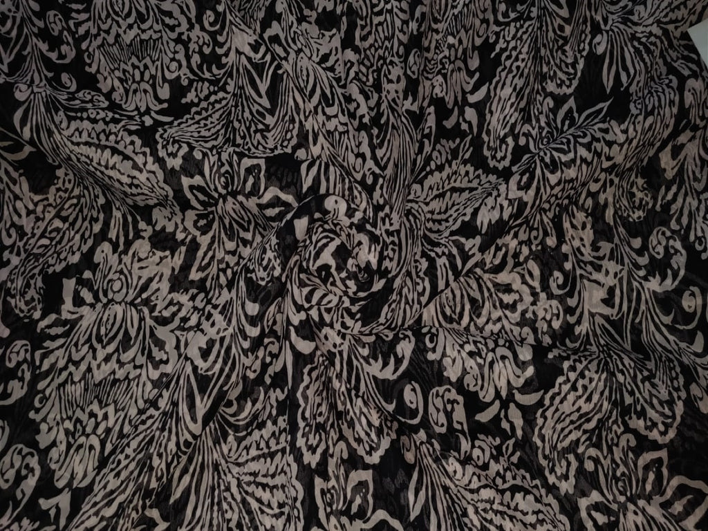 Silk chiffon printed  fabric black and egg shell 44" wide [12289]