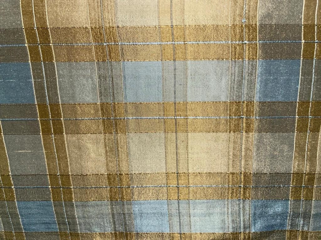 100% PURE SILK DUPION FABRIC ribbed PLAIDS blue gold color 54" wide DUPC112[3] [9688]