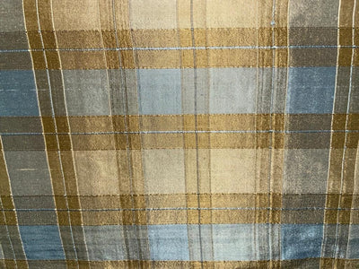 100% PURE SILK DUPION FABRIC ribbed PLAIDS blue gold color 54" wide DUPC112[3] [9688]