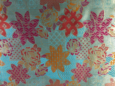 Silk Brocade fabric blue with rust, mustard, pink and gold   floral jacquard   BRO1019[3]