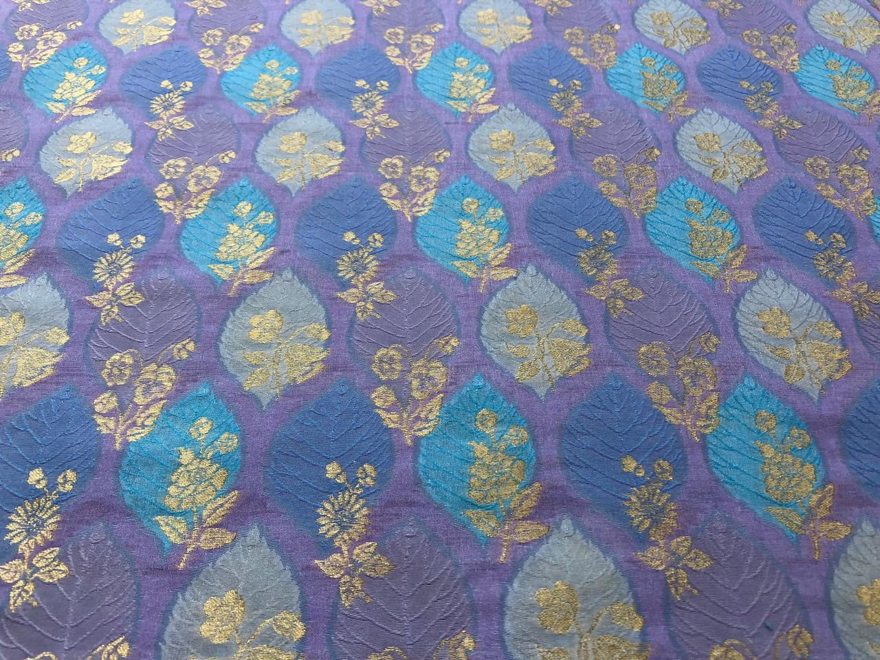 Silk Brocade fabric with colorful  leaf floral motif jacquard available in 3 colors mauve , pink peach and ivory BRO1091