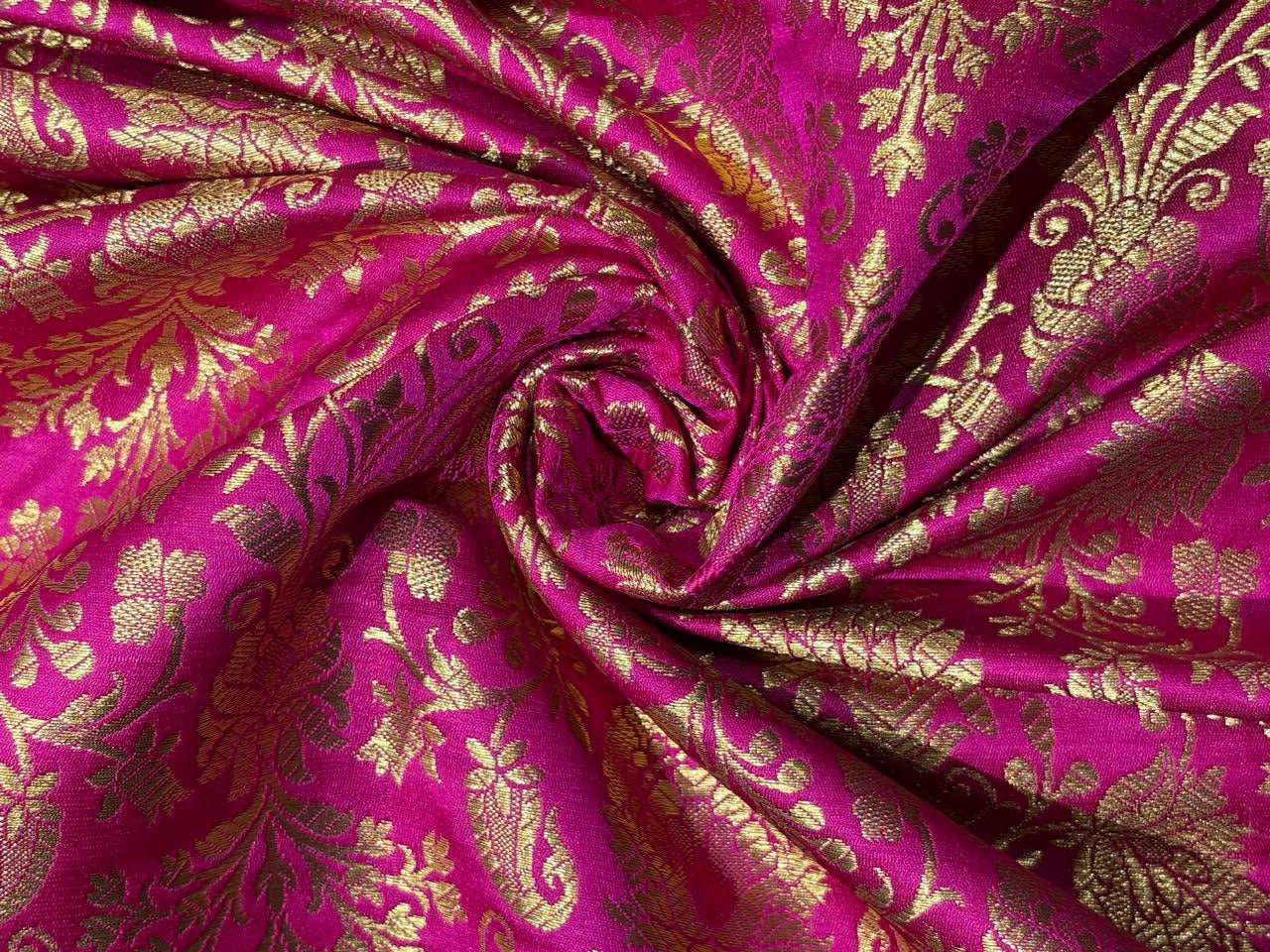 Silk Brocade fabric 44" with metallic gold jacquard available in 3 colors bright pink, black and burgundy [BRO1059]