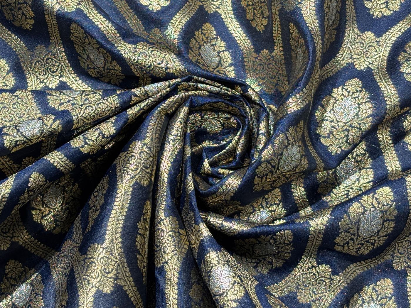 Silk Brocade fabric 44" dark navy with silver and gold metallic jacquard  motif BRO1055[1]