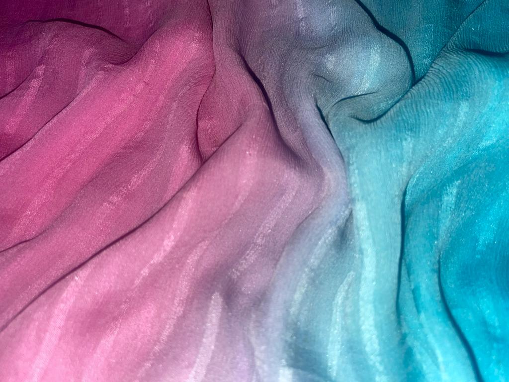 Silk Chiffon shaded available in 4 options and custom colors too[SHADED PINK AND ORANGE STRIPE SHADED PINK AND BLUE STRIPE SHADED SAFFRON YELLOW AND ORANGE STRIPE SHADED PINK AND WHITE CUSTOM COLORS SOLID FROM 1 - UNLIMITED YARDS[PRICE PER YARD]