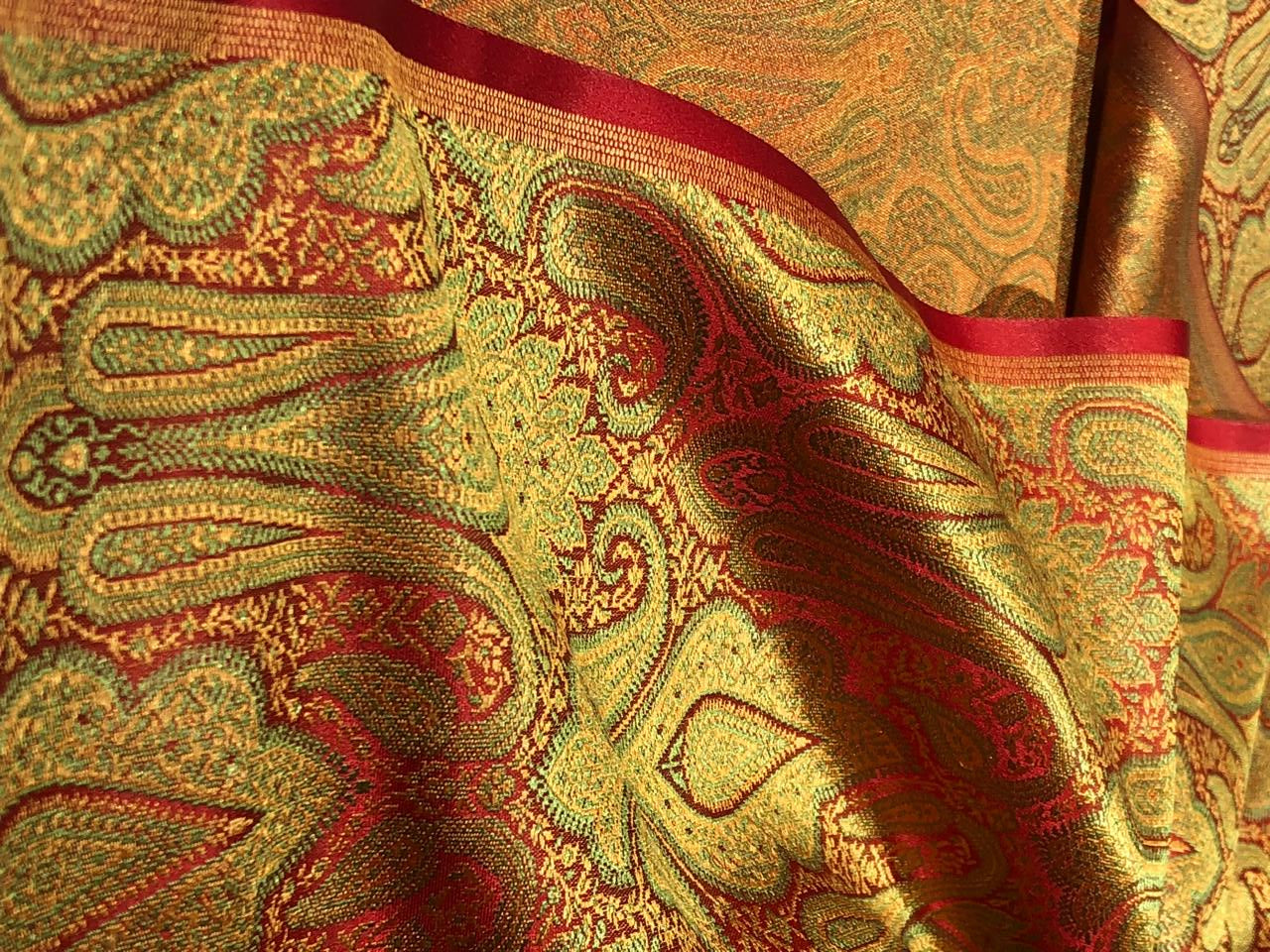 Silk Brocade fabric 44" wide paisley jacquard available in 3 colors pink and blue ,red and green and pastel pink and slate blue BRO1037