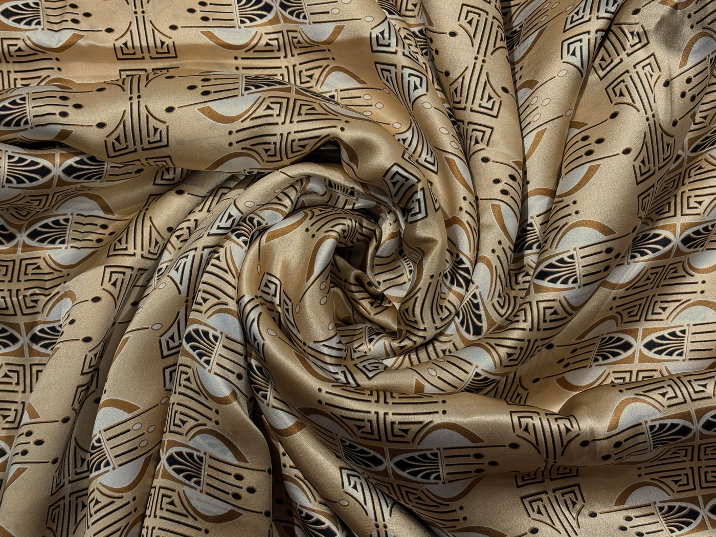 100% Pure Silk Satin 60-80 grams caramel color abstract print  54"Wide Fabric [18261]