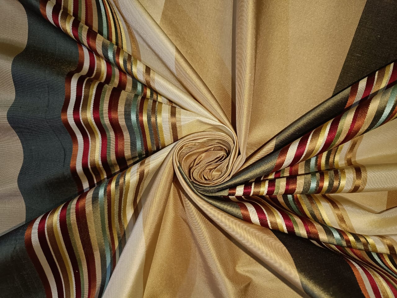 100% Pure Silk Taffeta Fabric beige/gold with multi color stripes 54" wide Taf S#134