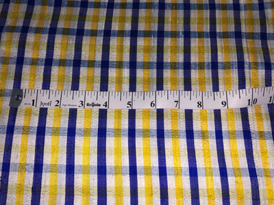 100% silk dupion  Plaids fabric with slubs shades of golden yellow ,blue ,royal blue and white yellow 54" wide DUPNEWC26[3]
