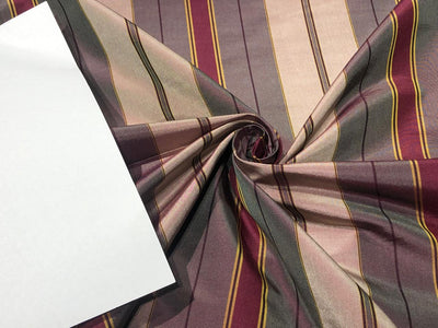 100% PURE SILK DUPIONI FABRIC  stripes shades of mulberry,grey and mustard  COLOR 54" WIDE single length 4.85 yds DUPcutS5
