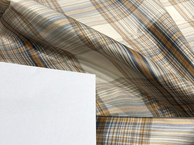 100% PURE SILK DUPIONI FABRIC  PLAIDS ivory, brown and grey COLOR 54" WIDE single length 4.25 yds DUPcutC4