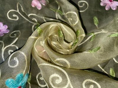 Silk organza embroidered 44 ~pastel green with pink blue floral embroidery [730]