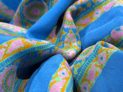 Pure silk  crepe printed fabric stripes of blue and orange, pink floral 54"[18263]