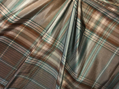 100% PURE SILK DUPIONI FABRIC  PLAIDS SAGE GREEN AND BROWN  COLOR 54" WIDE DUPcutC18