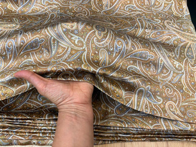 100% Pure Silk 80 grams satin printed 44"wide fabric shades of brown, mustard and grey PAISLEY PRINT [18431]