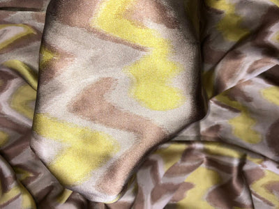 100% Pure Silk Satin 80 grams geometric print shades of silver, lime green and brown 54"Wide Fabric [18287]