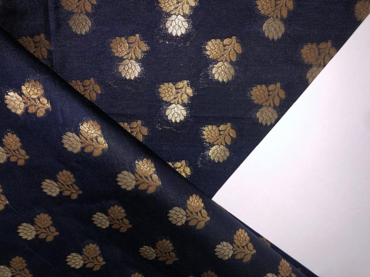 100% PURE Silk Brocade fabric 44" wide FLOWER MOTIF available in 2 colors white ivory and navy black BRO1016[1/2]