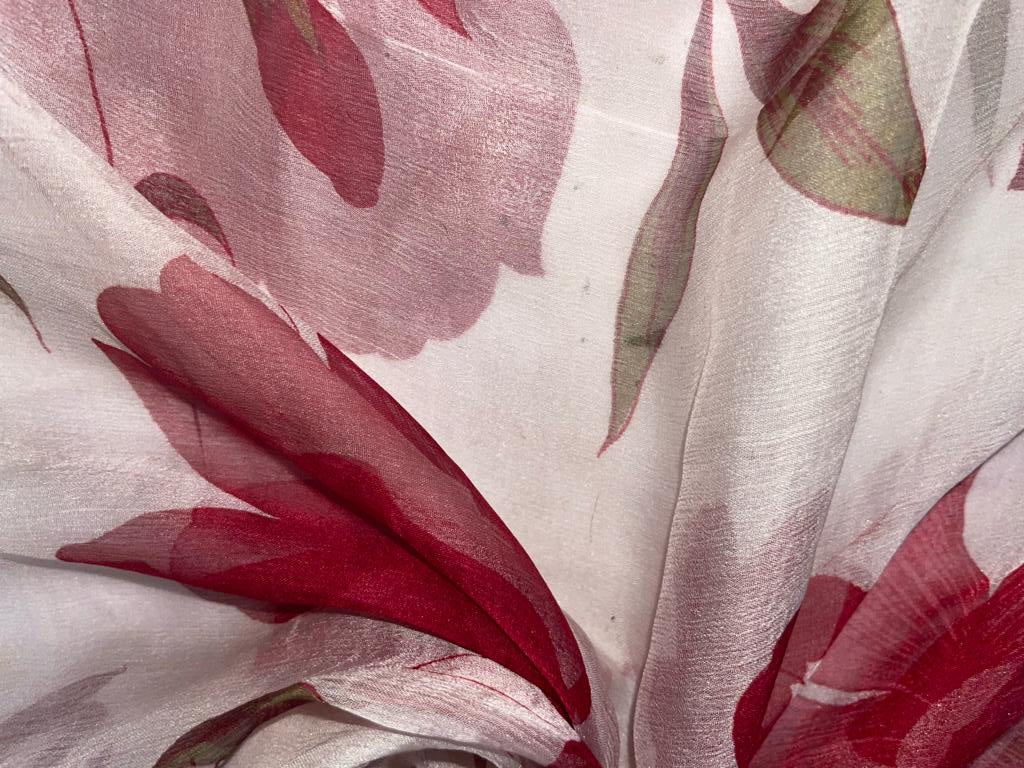 Silk chiffon printed  fabric white with wine floral 44" wide [15461]