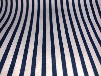 100% Cotton Denim Fabric 58" wide available in 4  different stripe designs 2 navy and white stripes and 2 navy and cream stripe