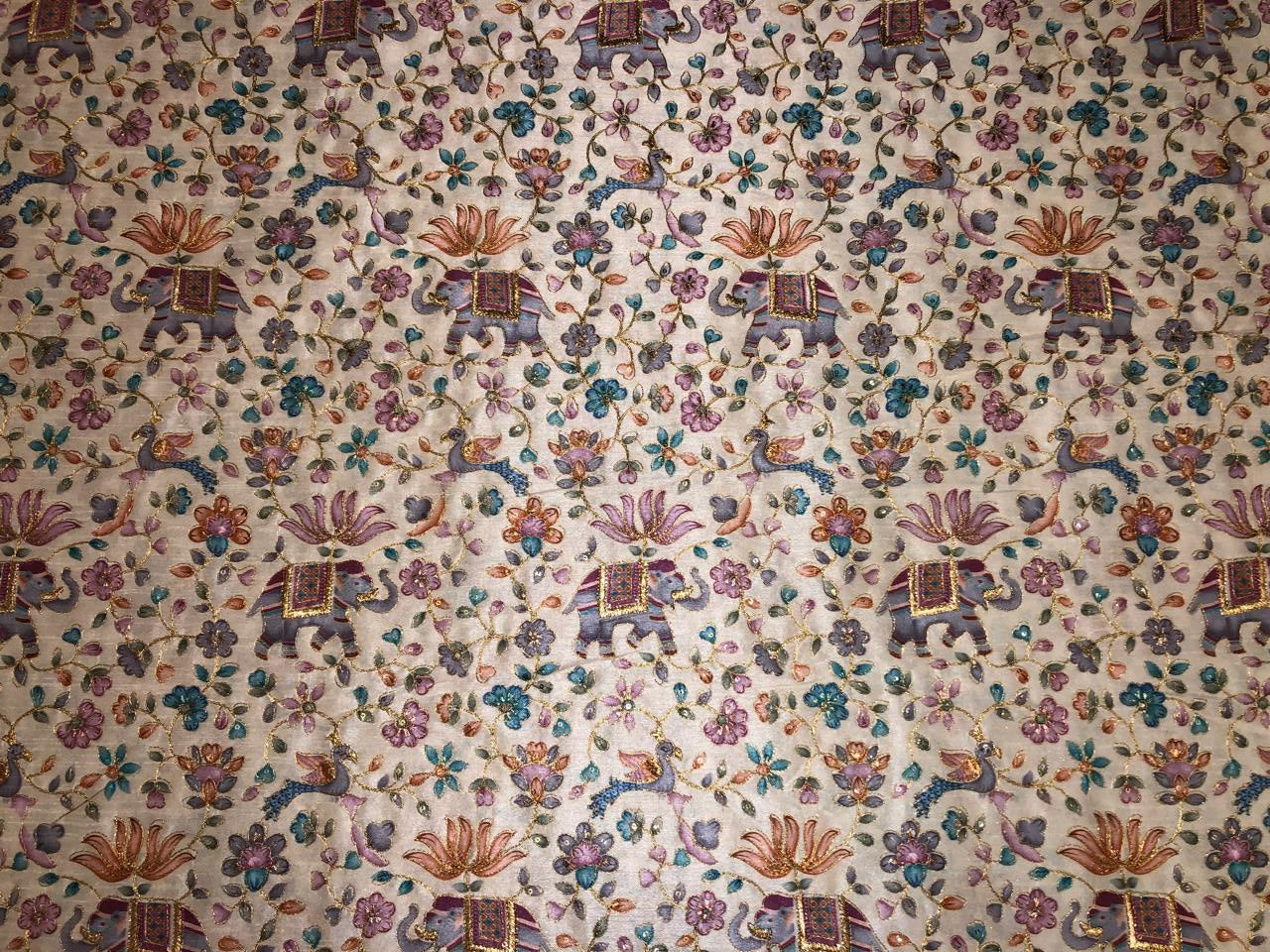 Silk Brocade fabric ivory with elephant ,peacock ,lotus motif and floral jacquard with subtle sequins and embroidery BRO1069[2]