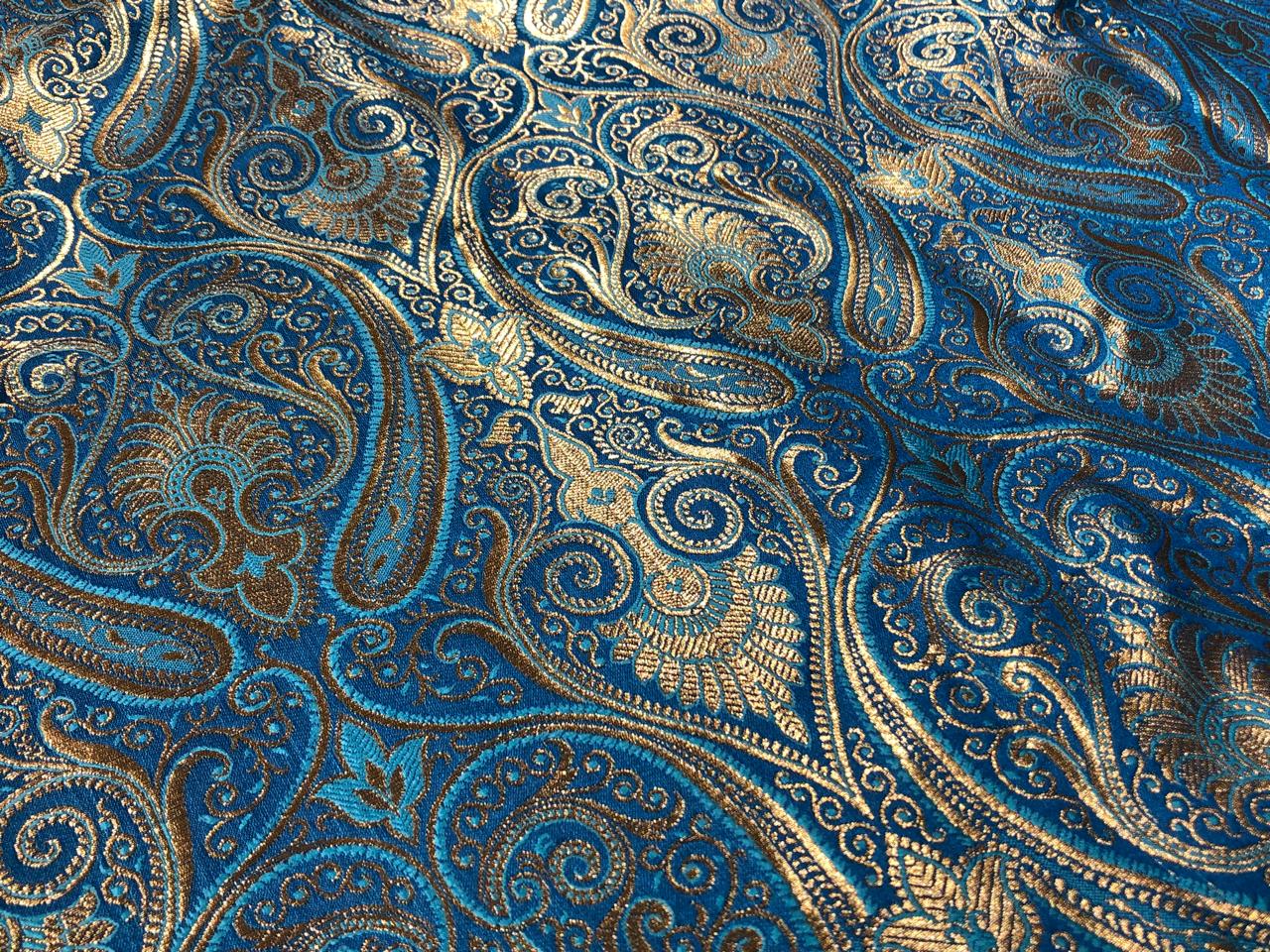 Silk Brocade fabric 44" paisley metallic gold  jacquard available in 2 colors bright orange and turquoise blue  BRO1049