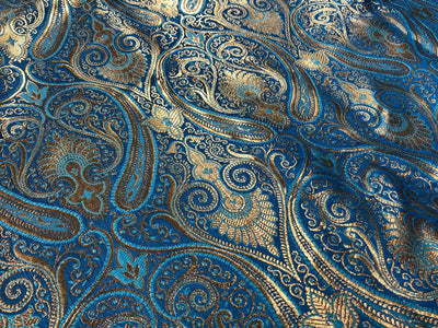 Silk Brocade fabric 44" paisley metallic gold  jacquard available in 2 colors bright orange and turquoise blue  BRO1049