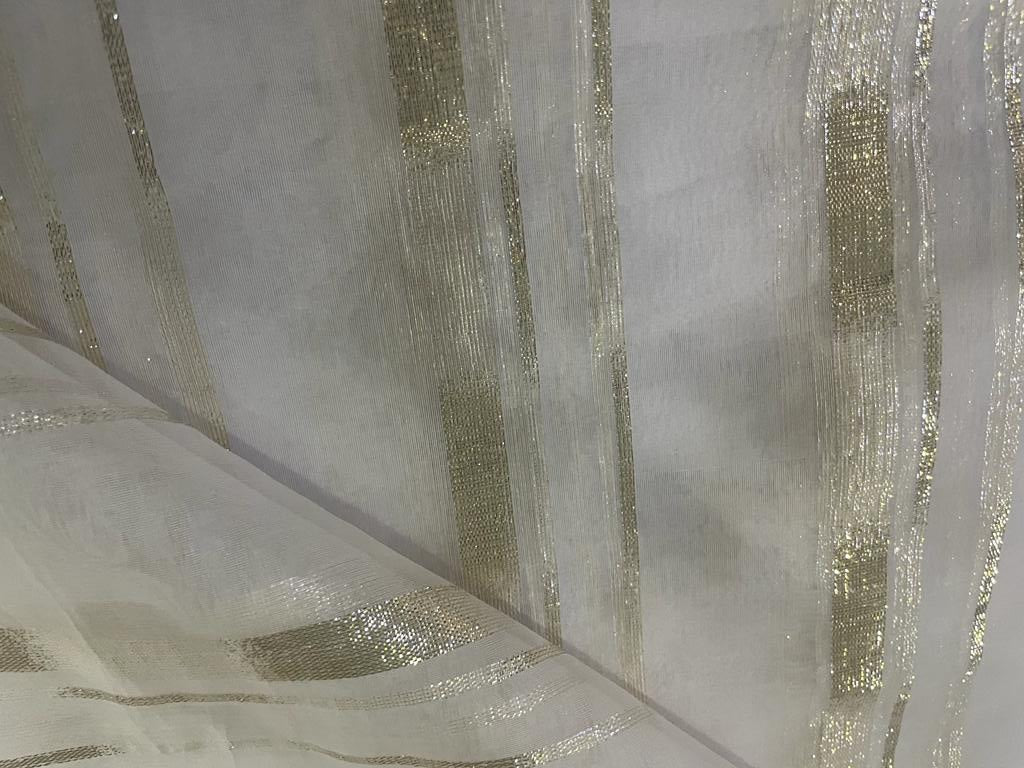 100% silk organza white with white gold lurex stripes fabric 44" wide [15512]