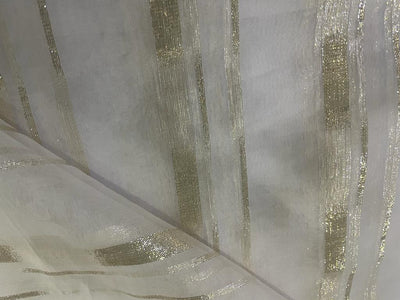100% silk organza white with white gold lurex stripes fabric 44" wide [15512]