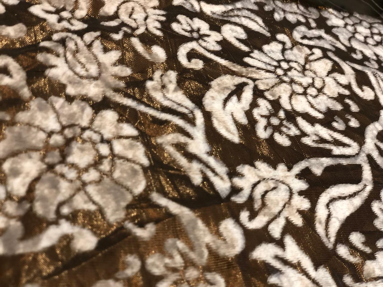 White Devore Viscose Burnout Velvet fabric ~ 44" wide antique gold available in 2 designs floral vines and abstract [18313/14]                         ++