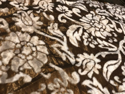 White Devore Viscose Burnout Velvet fabric ~ 44" wide antique gold available in 2 designs floral vines and abstract [18313/14]                         ++