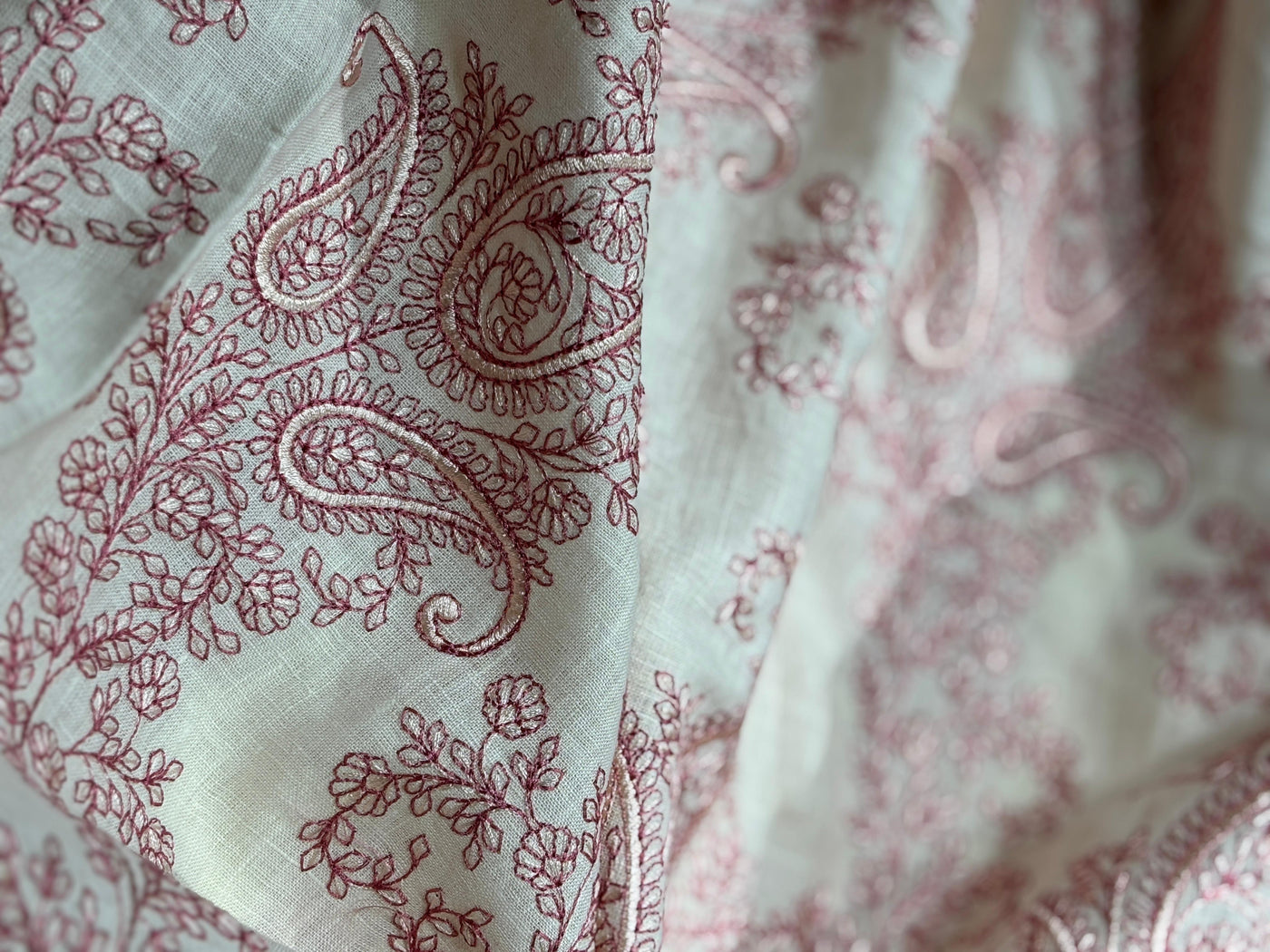 100% Linen  Kashmiri Embroidered fabric paisleys 58" wide available in 3 colors ivory with pink paisleys ,camel with navy paisley and ivory with beige paisley