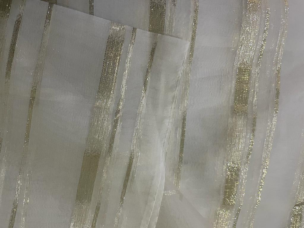 100% silk organza white with white gold lurex stripes fabric 44" wide [15512]