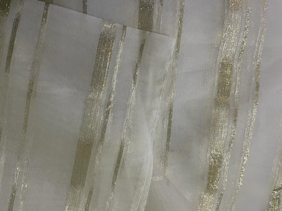100% silk organza white with white gold lurex stripes fabric 44" wide [15512]