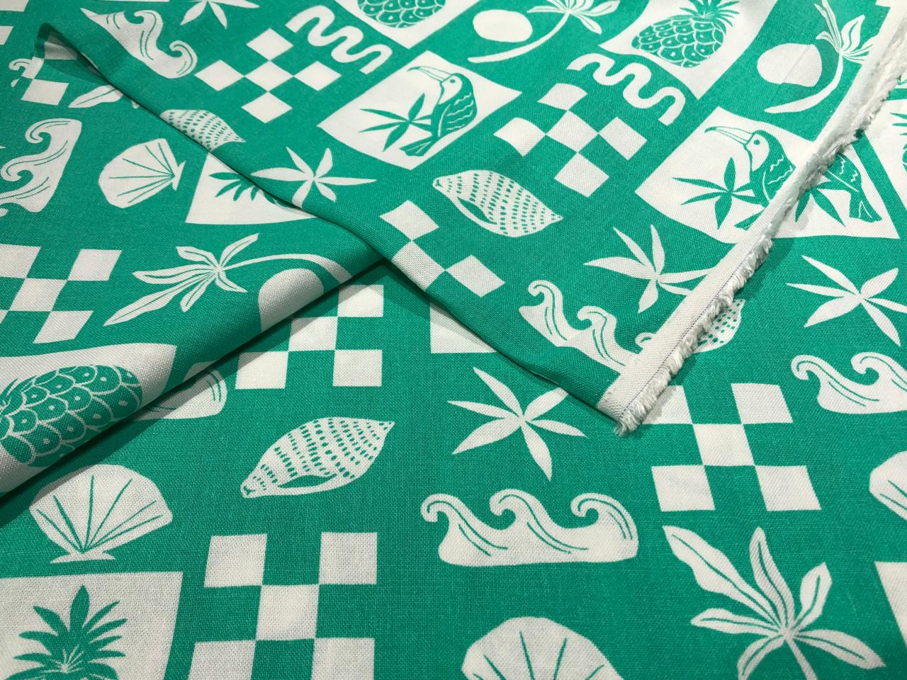 Linen Print green and white vacation/beach/children wear print [17741]