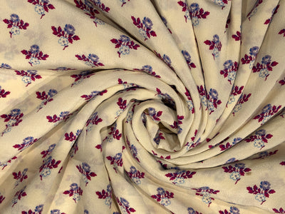 Pure silk  crepe printed fabric cream with tiny lavender burgundy floral motifs 54"[18262]