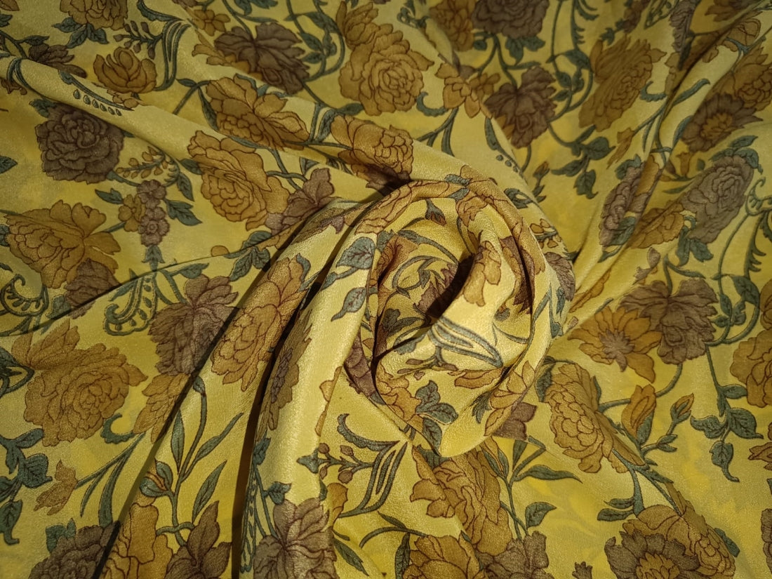 Pure silk CDC crepe printed fabric 16 mm weight available in two colors grey with blue floral and yellow with mustard floral