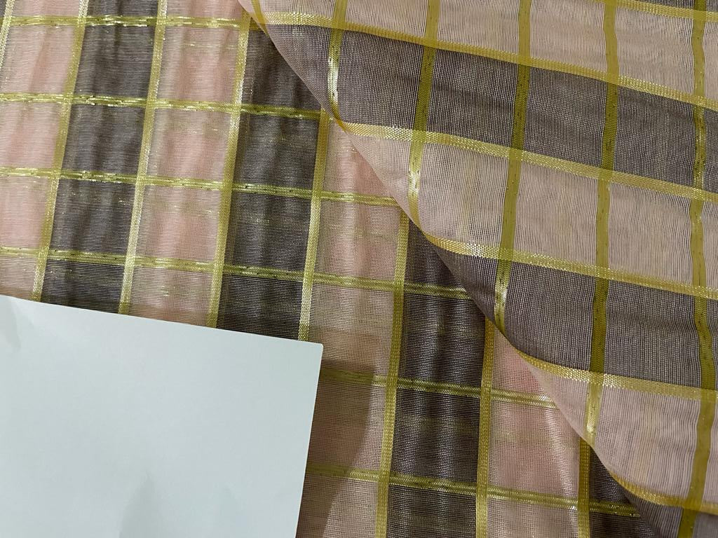 Cotton chanderi fabric plaids shade of baby pink &amp; metallic gold 44" wide [9255]
