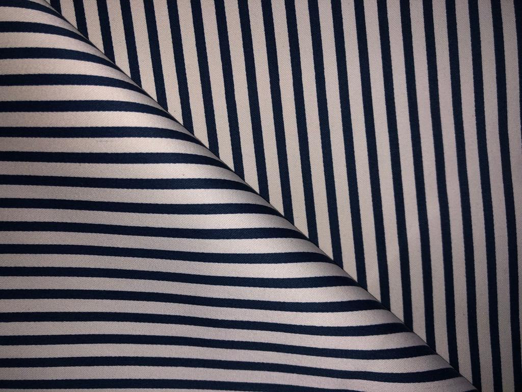 100% Cotton Denim Fabric 58" wide available in 4  different stripe designs 2 navy and white stripes and 2 navy and cream stripe