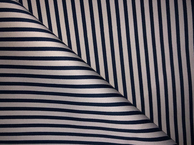 100% Cotton Denim Fabric 58" wide available in 4  different stripe designs 2 navy and white stripes and 2 navy and cream stripe