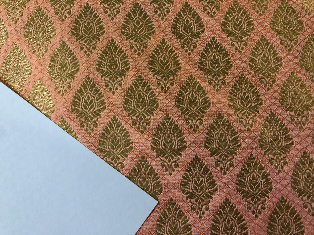 Silk Brocade fabric 44" wide with metallic gold motifs available in 2 colors peach and green