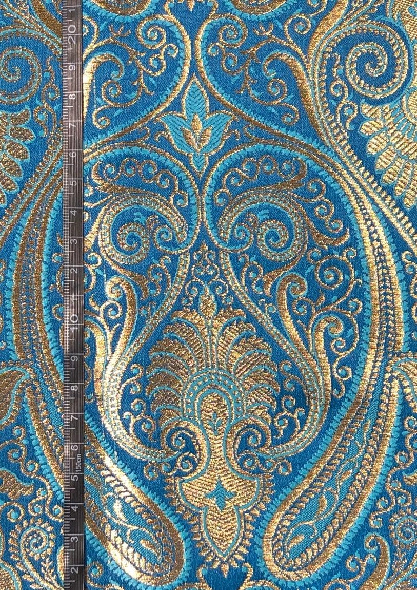 Silk Brocade fabric 44" paisley metallic gold  jacquard available in 2 colors bright orange and turquoise blue  BRO1049