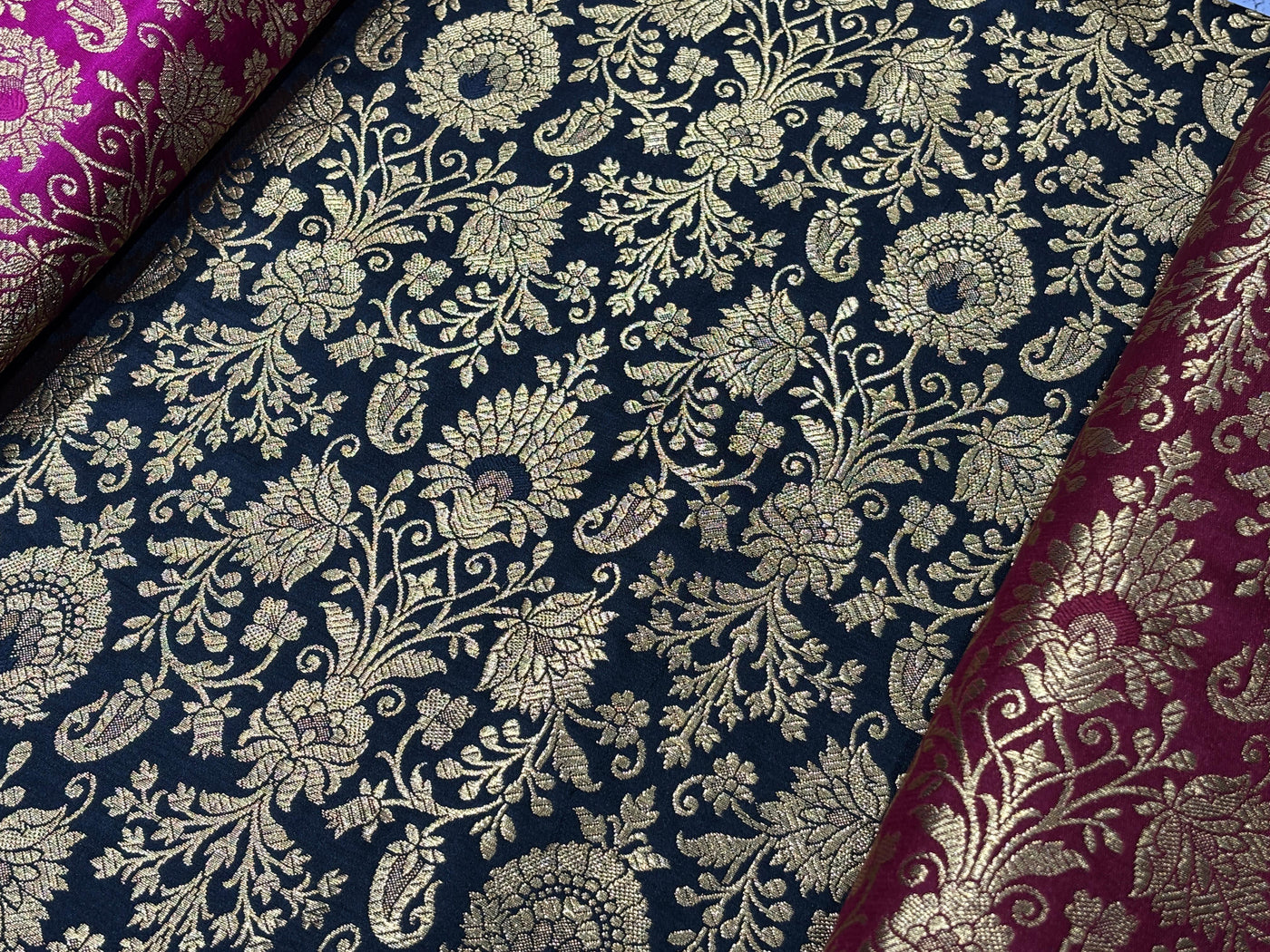 Silk Brocade fabric 44" with metallic gold jacquard available in 3 colors bright pink, black and burgundy [BRO1059]