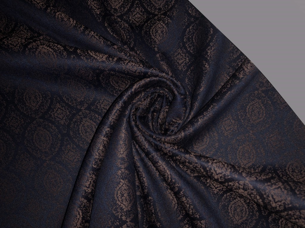 WOOL SUITING 58" wide 11% WOOL 67% POLY 22% VISCOSE  [15587/88/89]available in 3 colors BEIGE WITH SPRUCE BLUE MOTIF , NAVY WITH BRONZE MOTIF, BEIGE WITH BROWN MOTIF